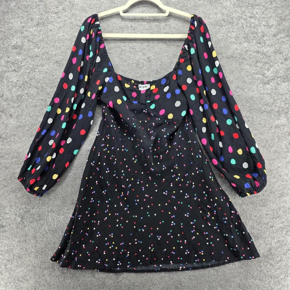 RIXO Dress Womens 10 Black Short Mini Fit & Flare Long Balloon Sleeve Scoop Neck